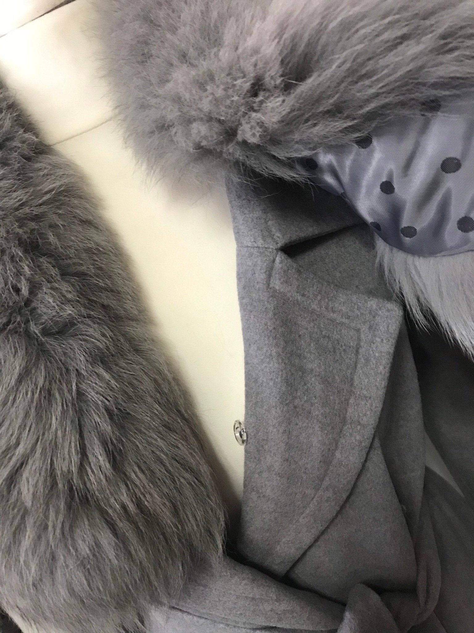 Grey Wrap Elegant Women coat, Long Belted Feminine Overcoat Trim Fox Fur, Woolen blend Coat Wrap - My Love Cape