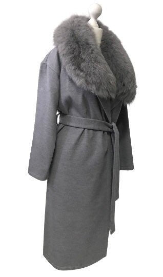 Grey Wrap Elegant Women coat, Long Belted Feminine Overcoat Trim Fox Fur, Woolen blend Coat Wrap - My Love Cape