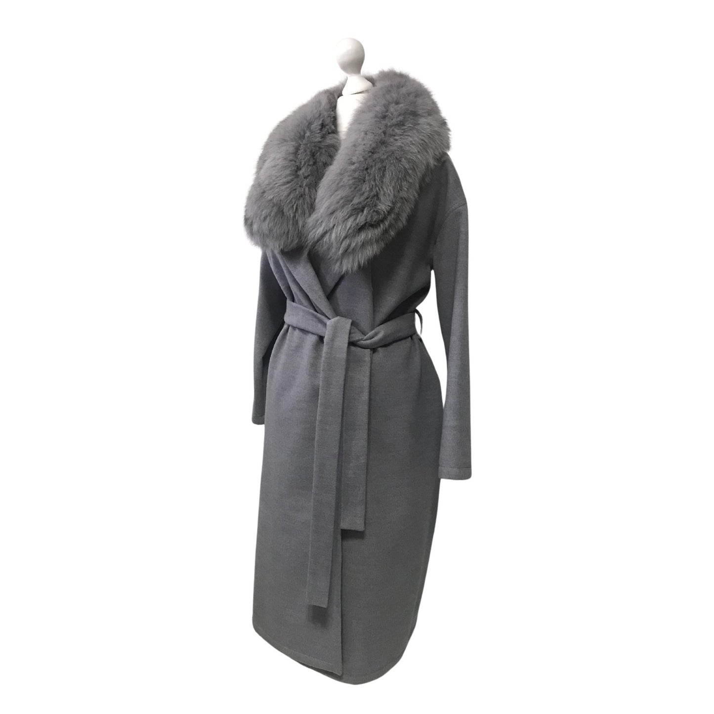 Grey Wrap Elegant Women coat, Long Belted Feminine Overcoat Trim Fox Fur, Woolen blend Coat Wrap - My Love Cape