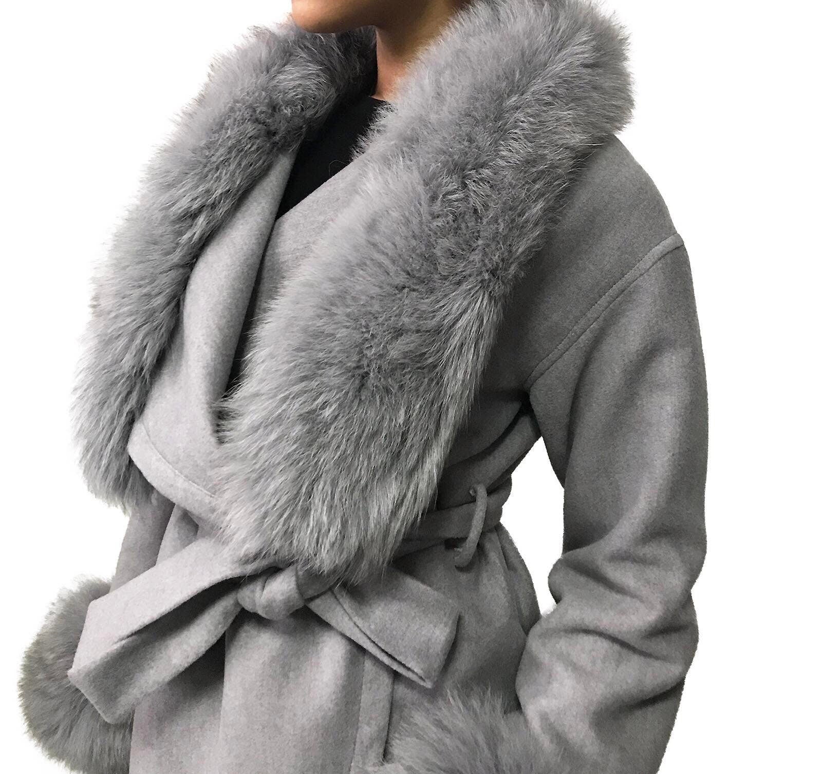 Grey Wrap Elegant Women coat, Long Belted Feminine Overcoat Trim Fox Fur, Woolen blend Coat Wrap - My Love Cape