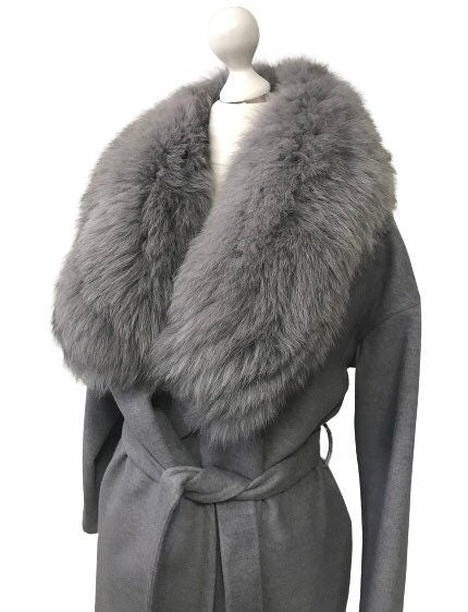 Grey Wrap Elegant Women coat, Long Belted Feminine Overcoat Trim Fox Fur, Woolen blend Coat Wrap - My Love Cape