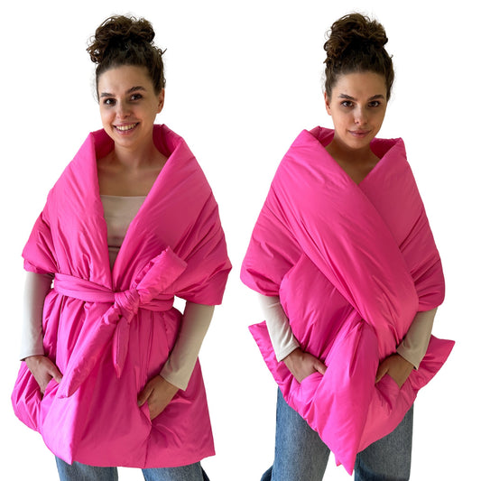 Hot Pink Long Cape Lagre Wide Scarf Puffer 20x80 inch with 2 pocket and Belt - My Love Cape