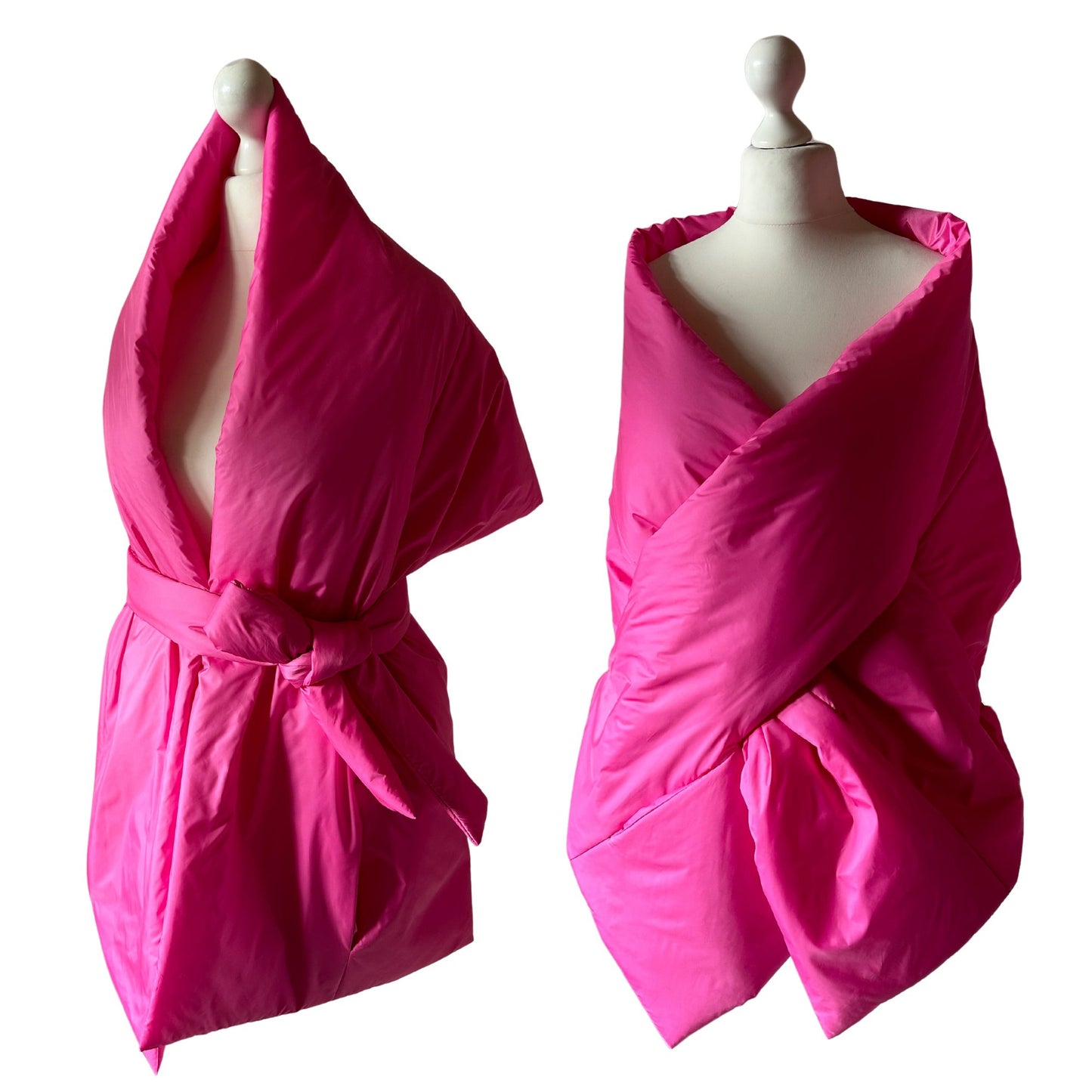 Hot Pink Long Cape Lagre Wide Scarf Puffer 20x80 inch with 2 pocket and Belt. Cape around shoulders wrap. Winter quilted shawl. Warm padded scarf. Down puffy scarves. - My Love Cape