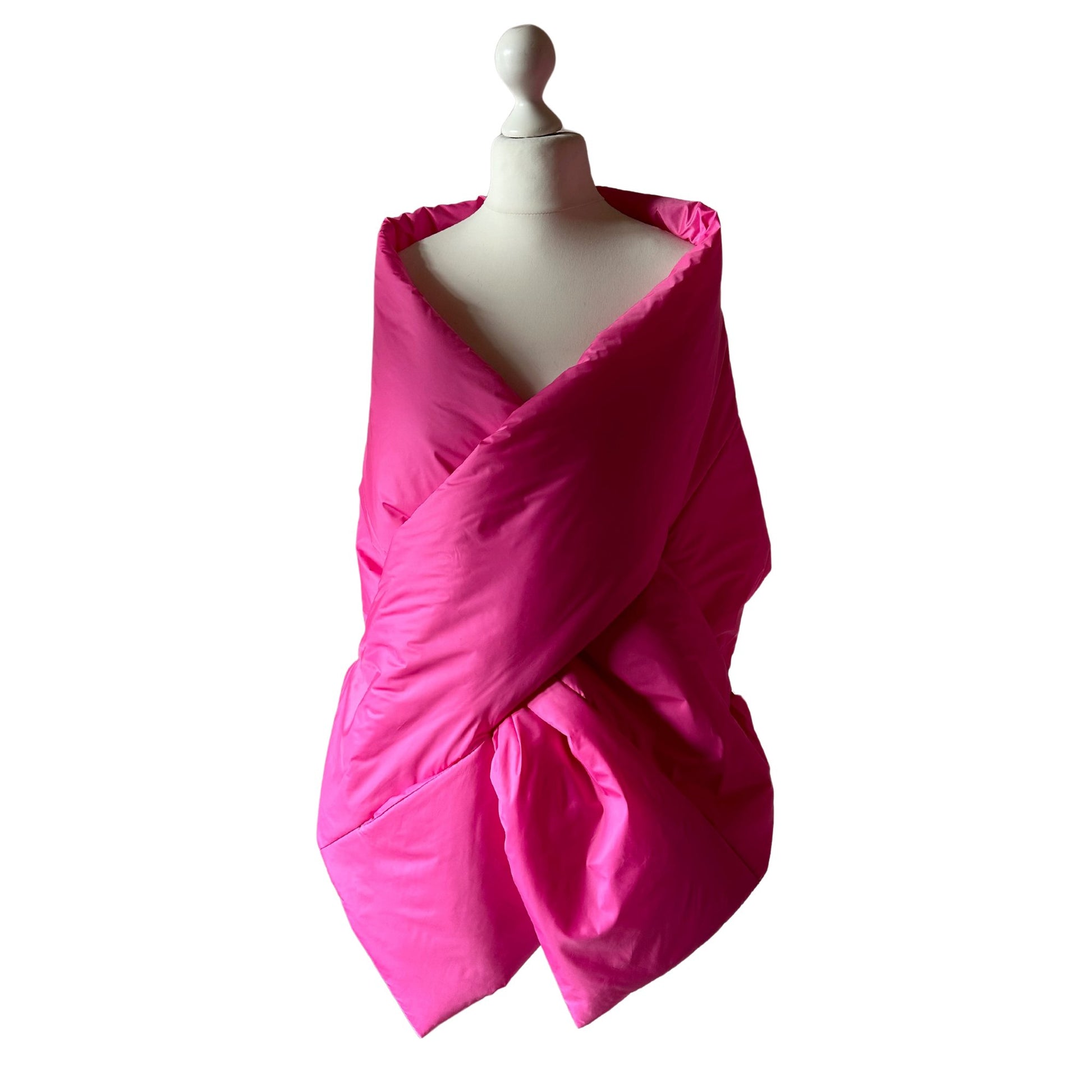 Hot Pink Long Cape Lagre Wide Scarf Puffer 20x80 inch with 2 pocket and Belt. Cape around shoulders wrap. Winter quilted shawl. Warm padded scarf. Down puffy scarves. - My Love Cape