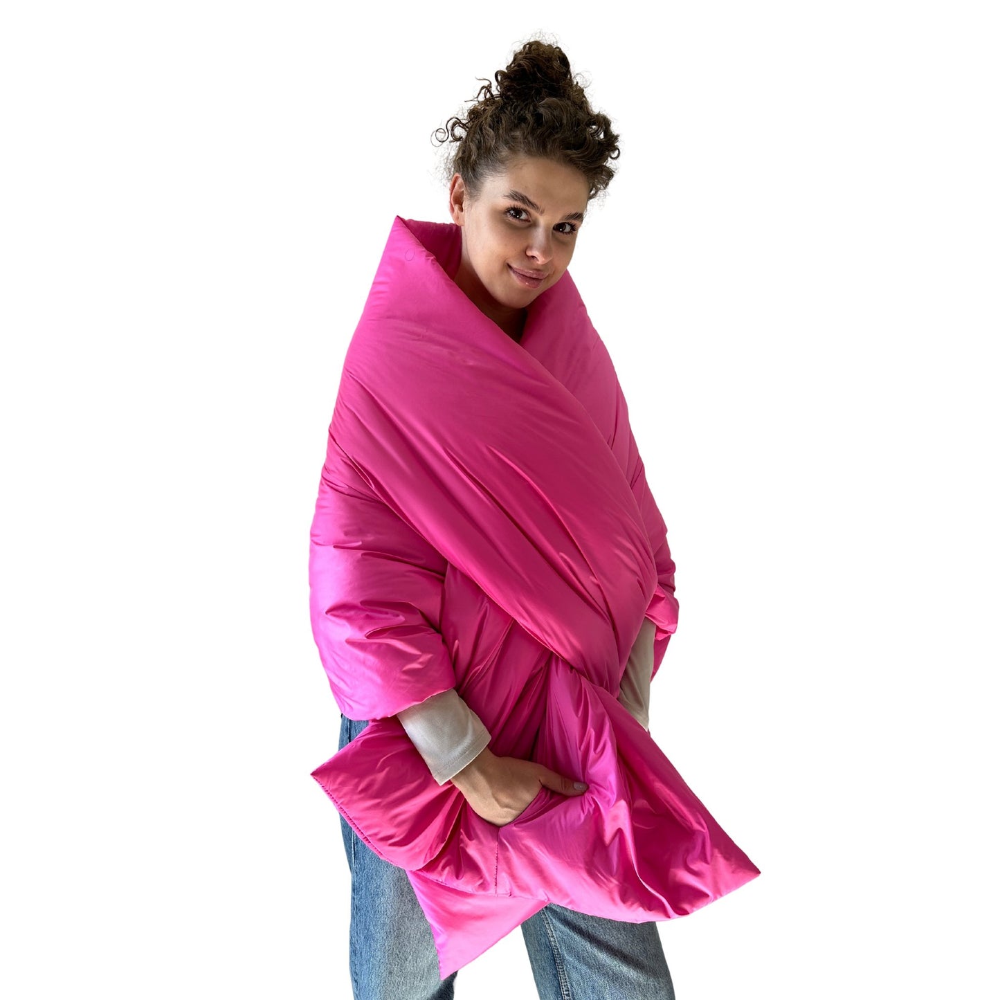 Hot Pink Long Cape Lagre Wide Scarf Puffer 25x80 inch with 2 pocket and Belt - My Love Cape