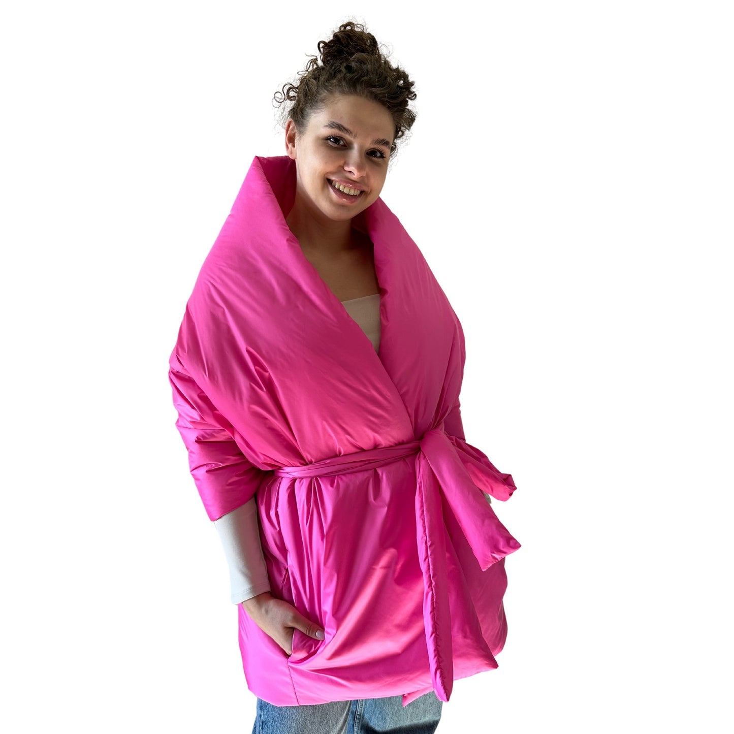 Hot Pink Long Cape Lagre Wide Scarf Puffer 25x80 inch with 2 pocket and Belt - My Love Cape