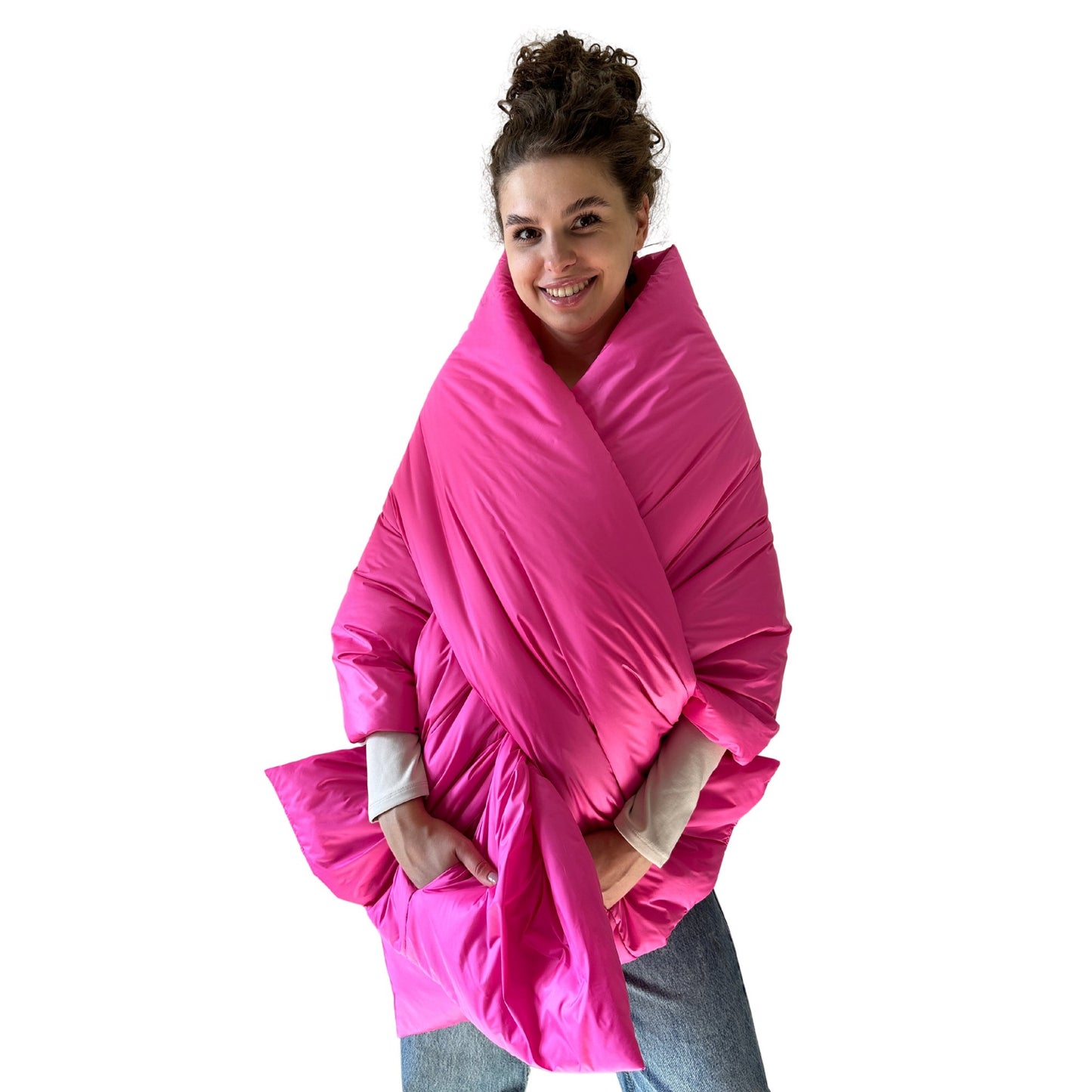 Hot Pink Long Cape Lagre Wide Scarf Puffer 25x80 inch with 2 pocket and Belt - My Love Cape