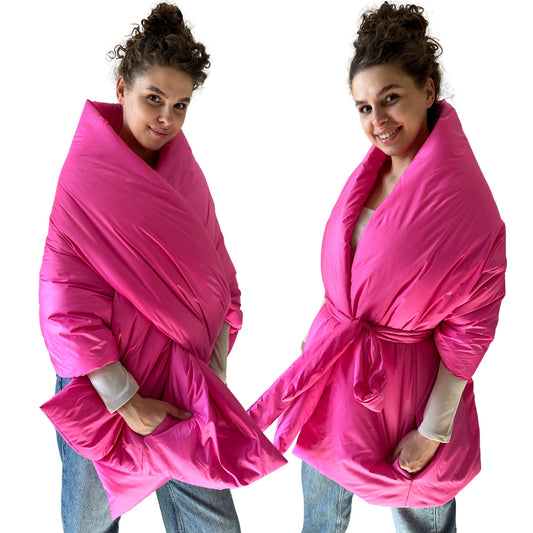 Hot Pink Long Cape Lagre Wide Scarf Puffer 25x80 inch with 2 pocket and Belt - My Love Cape