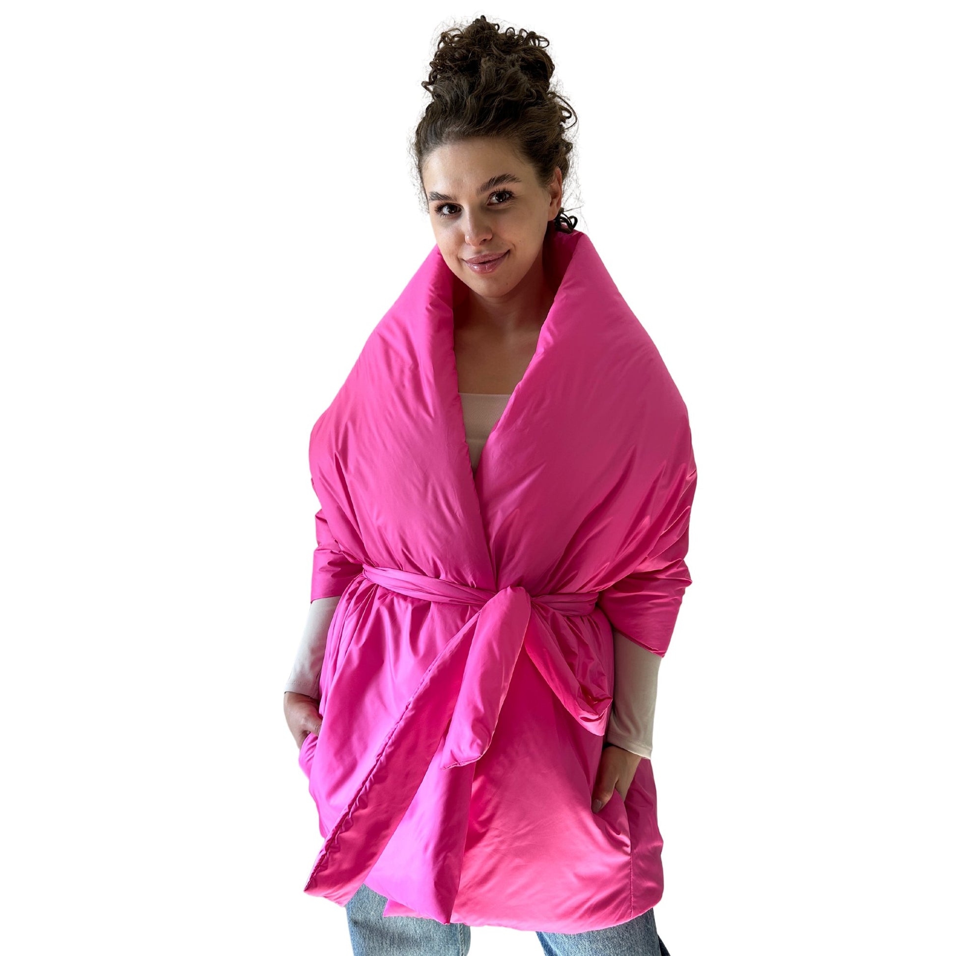 Hot Pink Long Cape Lagre Wide Scarf Puffer 25x80 inch with 2 pocket and Belt - My Love Cape