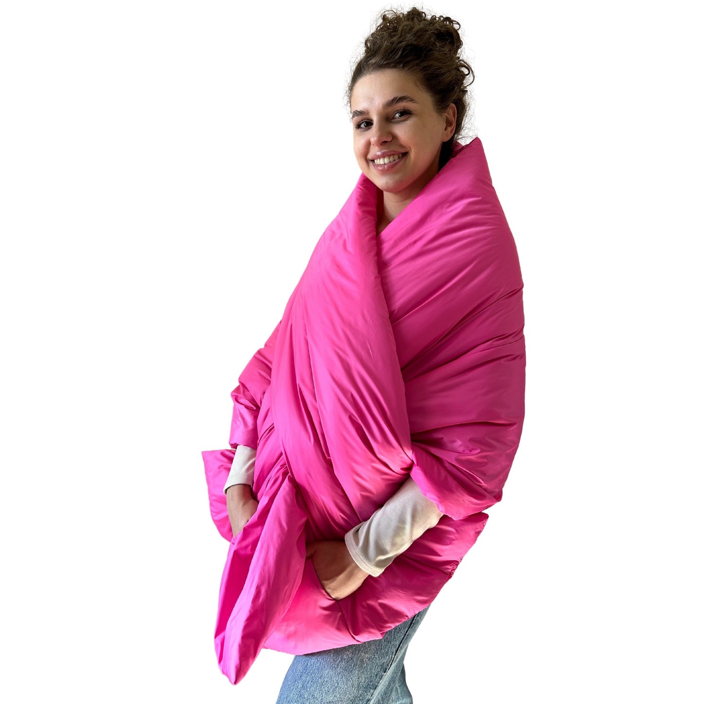 Hot Pink Long Cape Lagre Wide Scarf Puffer 25x80 inch with 2 pocket and Belt - My Love Cape