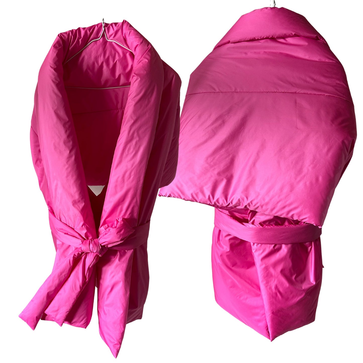 Hot Pink Long Lagre Wide Scarf Puffer 25x80 inch with 2 pocket and Belt. Cape around shoulders wrap. Winter quilted shawl. Warm padded scarf. Down puffy scarves. - My Love Cape