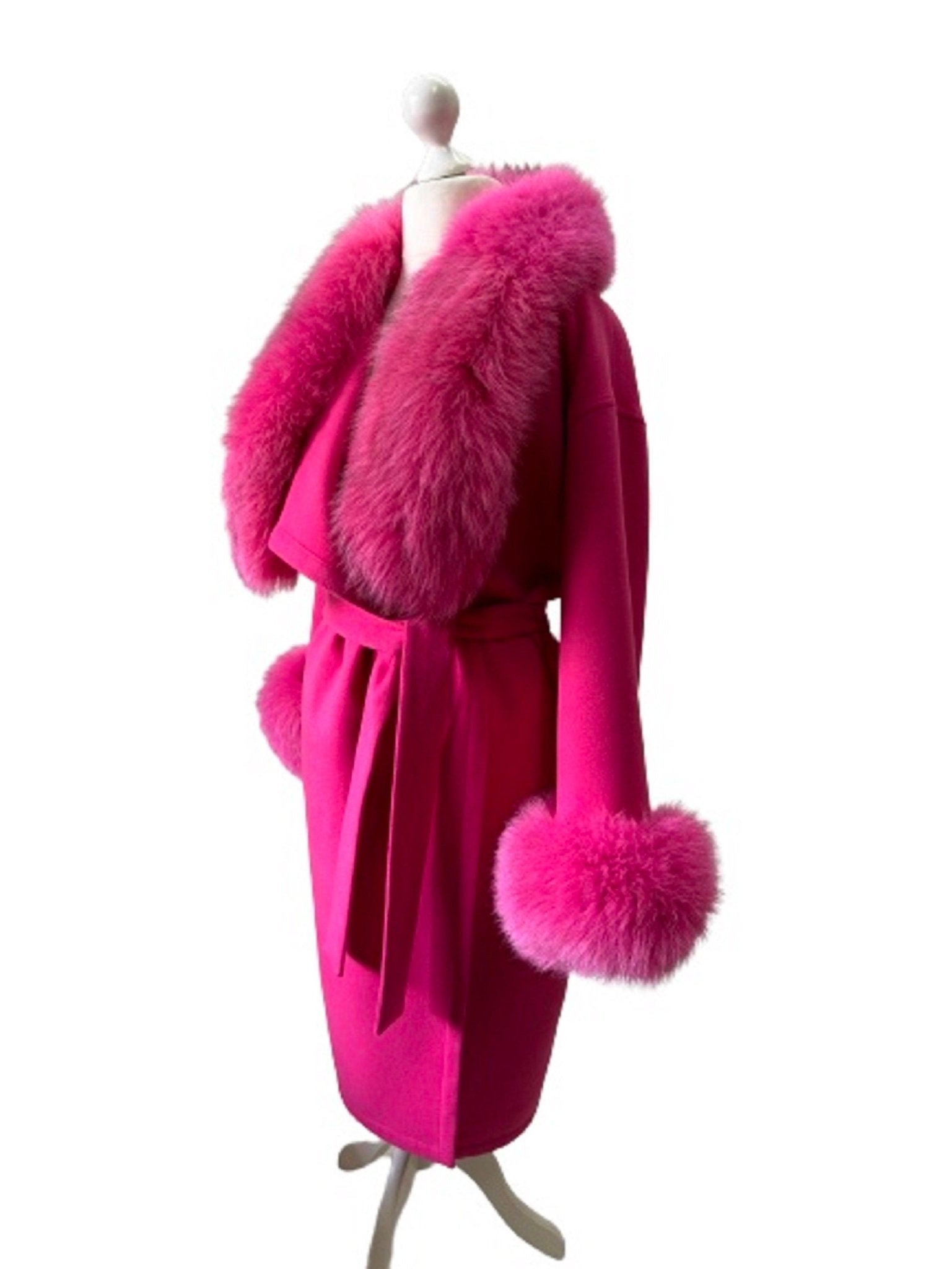 Hot Pink Wrap Elegant Women coat, Long Belted Feminine Overcoat Trim Fox Fur, Cashmere Woolen blend Coat Wrap - My Love Cape