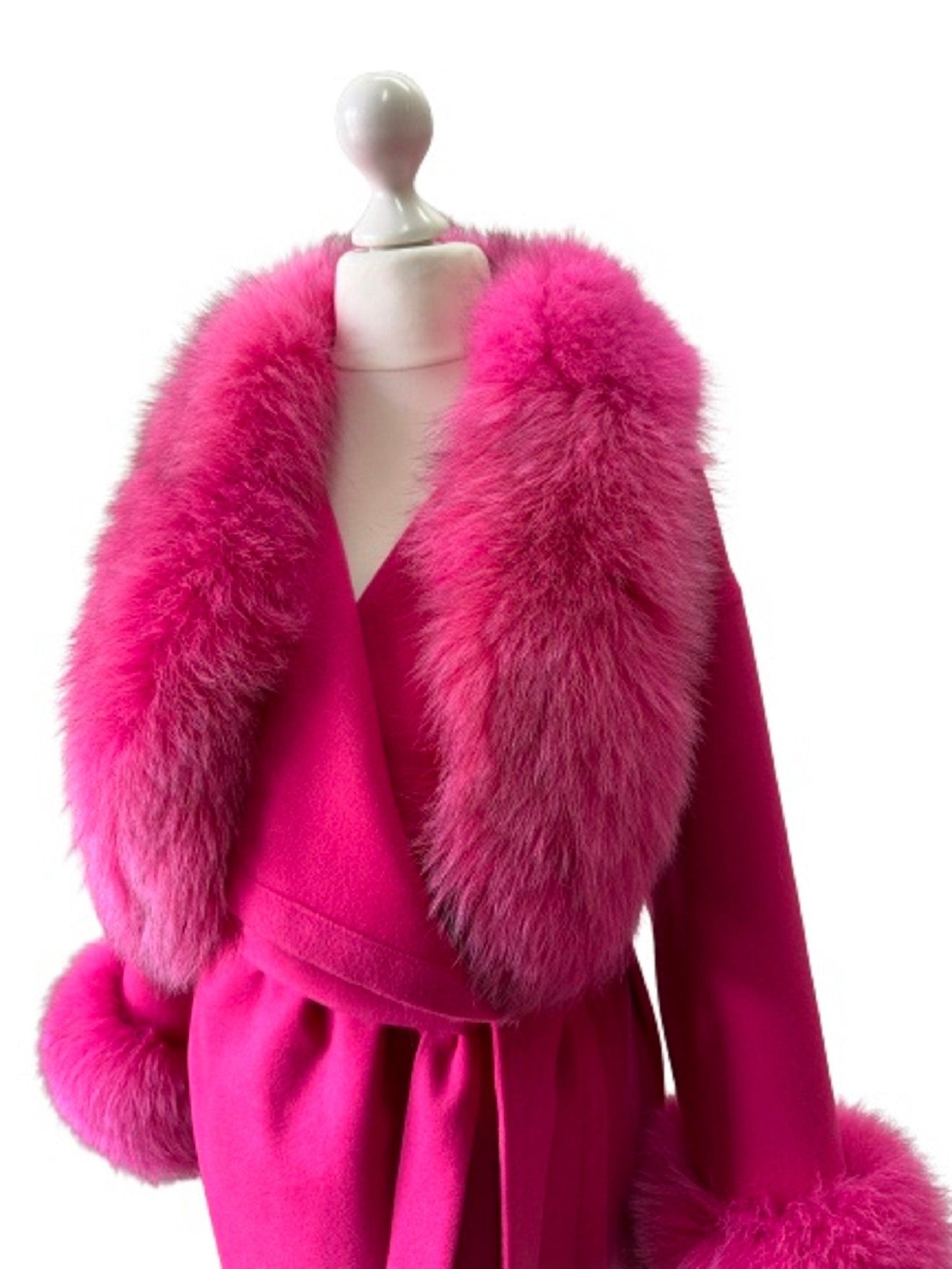 Hot Pink Wrap Elegant Women coat, Long Belted Feminine Overcoat Trim Fox Fur, Cashmere Woolen blend Coat Wrap - My Love Cape