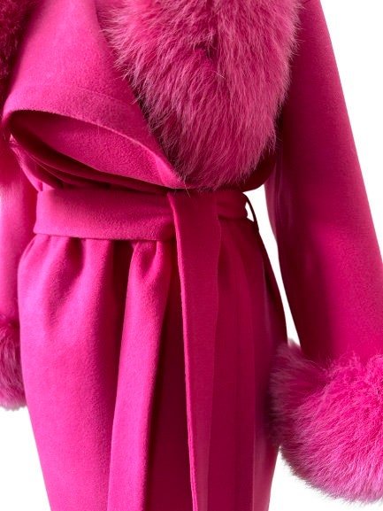 Hot Pink Wrap Elegant Women coat, Long Belted Feminine Overcoat Trim Fox Fur, Cashmere Woolen blend Coat Wrap - My Love Cape