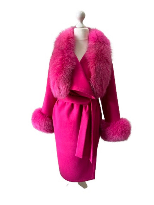 Hot Pink Wrap Elegant Women coat, Long Belted Feminine Overcoat Trim Fox Fur, Cashmere Woolen blend Coat Wrap - My Love Cape