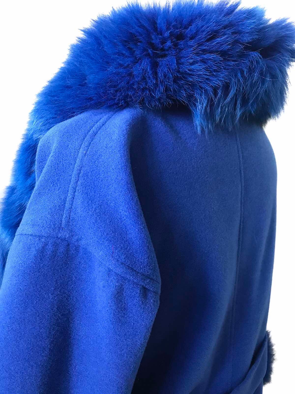 Royal Blue Wrap Elegant Women coat, Long Belted Feminine Overcoat Trim Fox Fur, Cashmere Woolen blend Coat Wrap