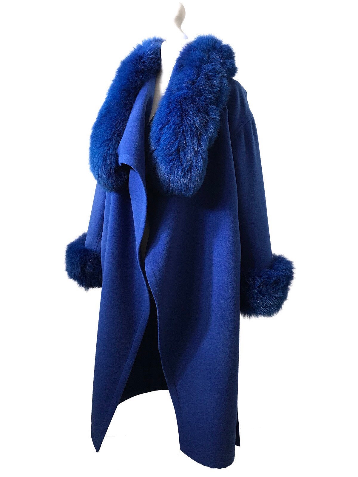 Royal Blue Wrap Elegant Women coat, Long Belted Feminine Overcoat Trim Fox Fur, Cashmere Woolen blend Coat Wrap