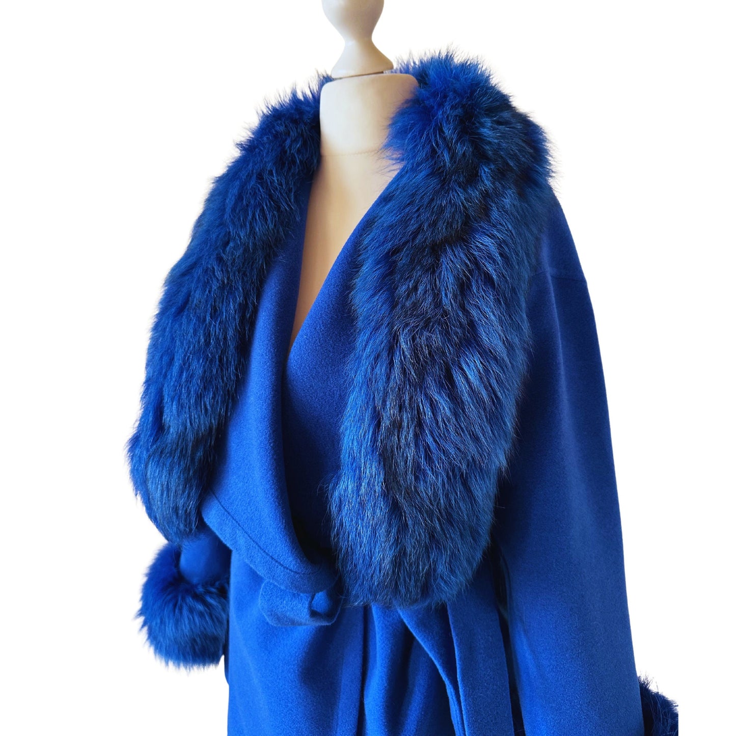 Royal Blue Wrap Elegant Women coat, Belted Feminine Jacket Overcoat Trim Fox Fur, Cashmere Woolen blend Coat Wrap