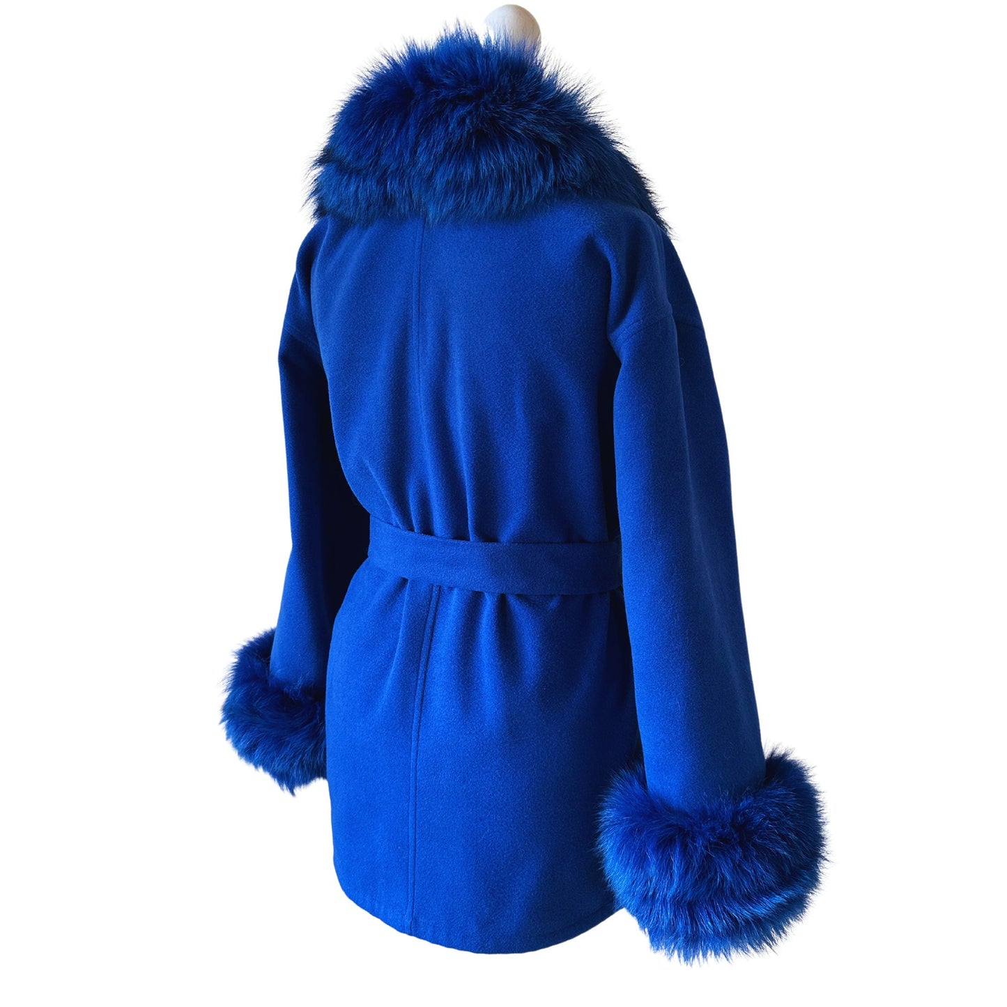 Royal Blue Wrap Elegant Women coat, Belted Feminine Jacket Overcoat Trim Fox Fur, Cashmere Woolen blend Coat Wrap