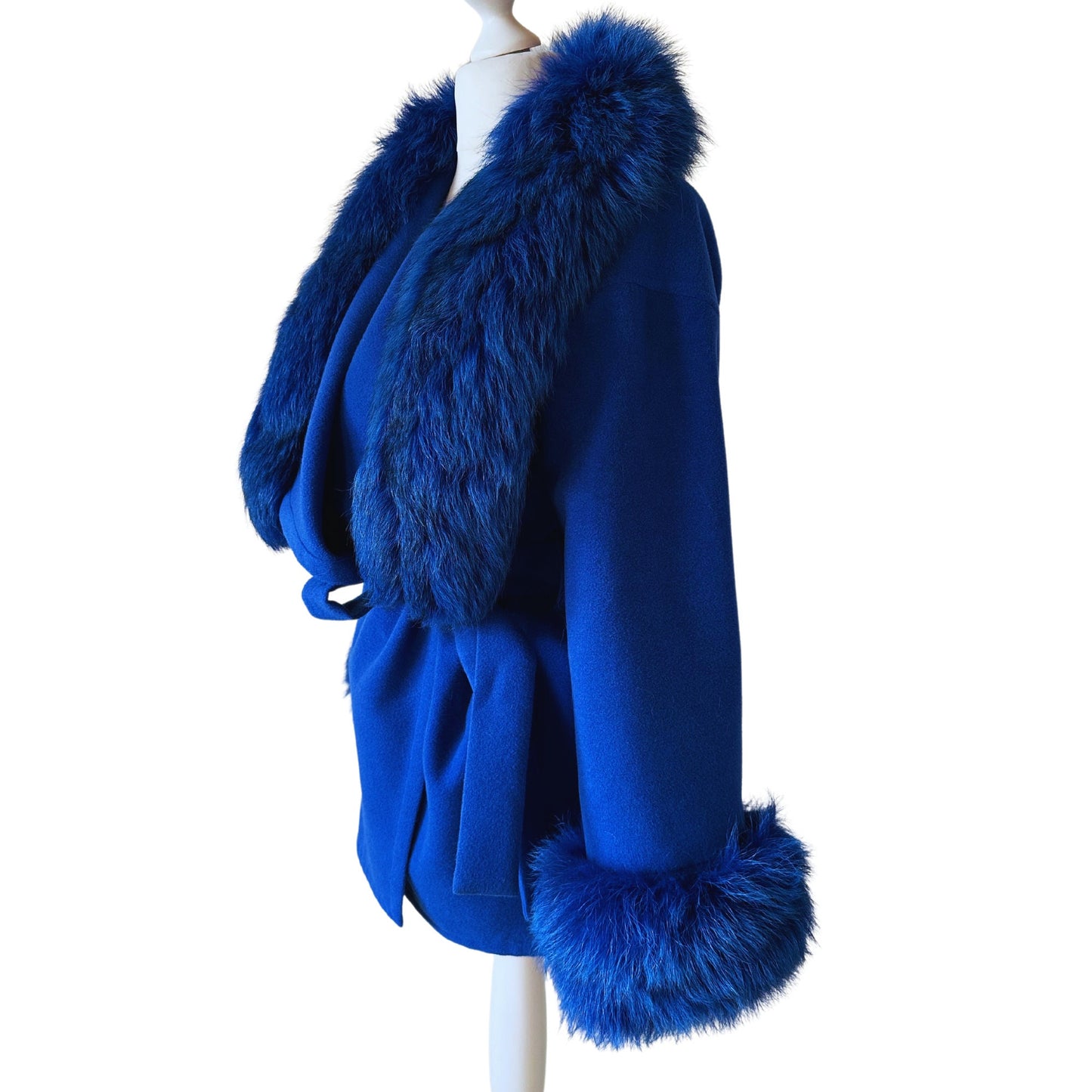 Royal Blue Wrap Elegant Women coat, Belted Feminine Jacket Overcoat Trim Fox Fur, Cashmere Woolen blend Coat Wrap