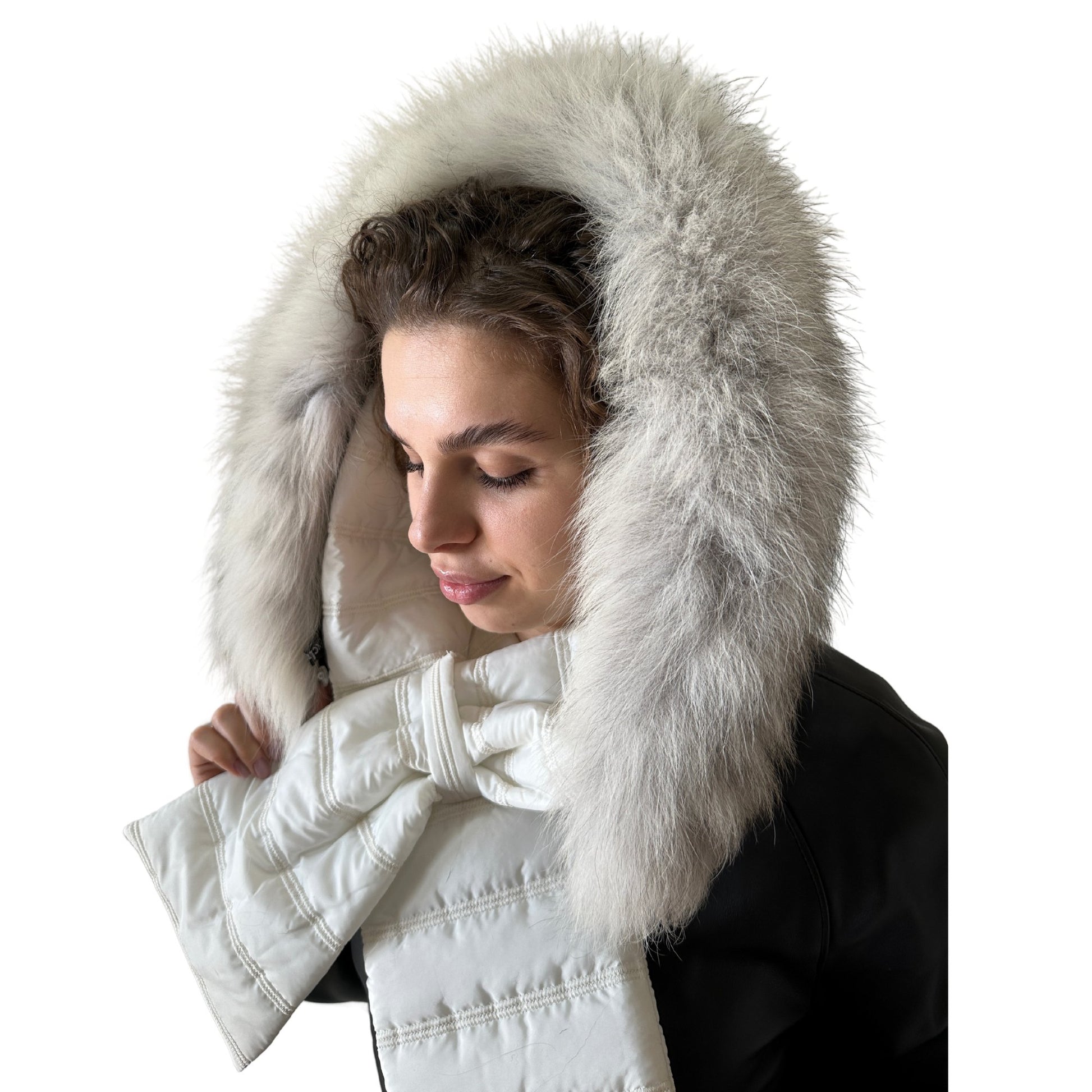 Ivory Hood Scarf Puffer Warm Quilted Downy Waterproof Padded Insulated Headdress With Natural Fur TrimIvory - My Love Cape