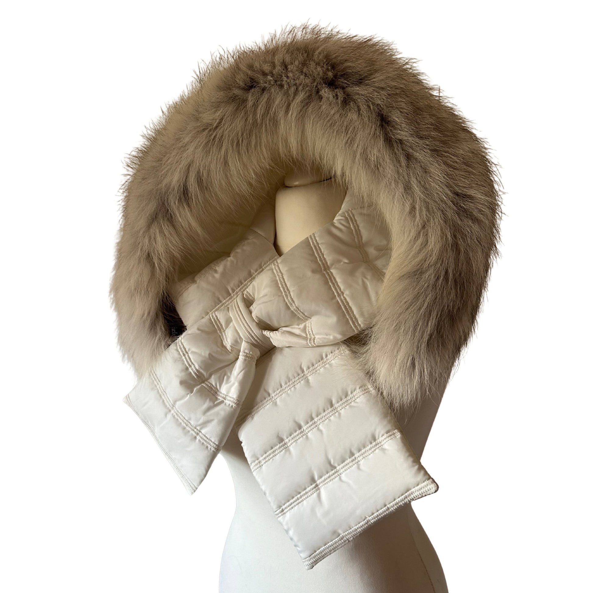 Ivory Hood Scarf Puffer Warm Quilted Downy Waterproof Padded Insulated Headdress With Natural Fur TrimIvory - My Love Cape