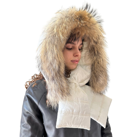 Ivory Hood Scarf Puffer Warm Quilted Downy Waterproof Padded Insulated Headdress With Natural Fur TrimIvory - My Love Cape