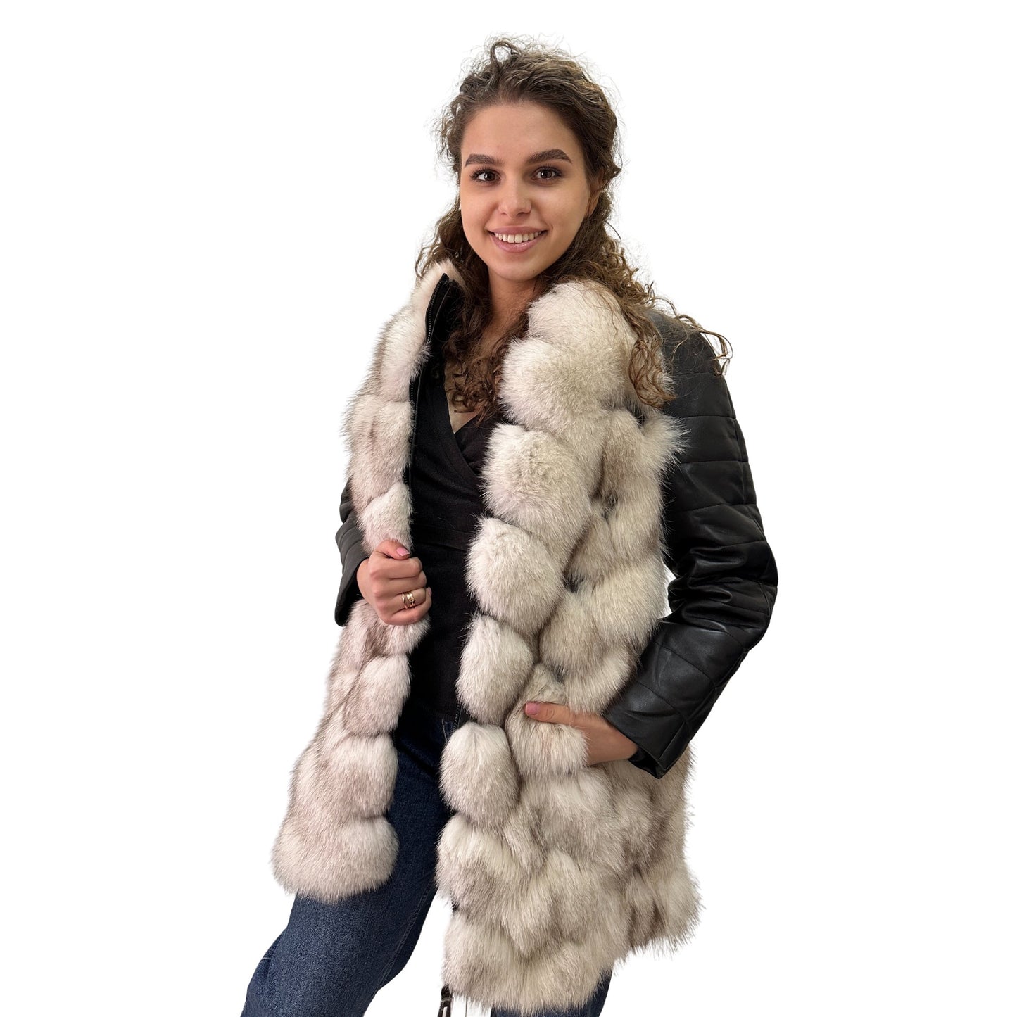 Natural Leather and Fox Fur Coat – Diamond Pattern, Zipper, and Lined Design (S) - My Love Cape