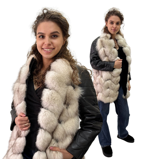 Natural Leather and Fox Fur Coat – Diamond Pattern, Zipper, and Lined Design (S) - My Love Cape