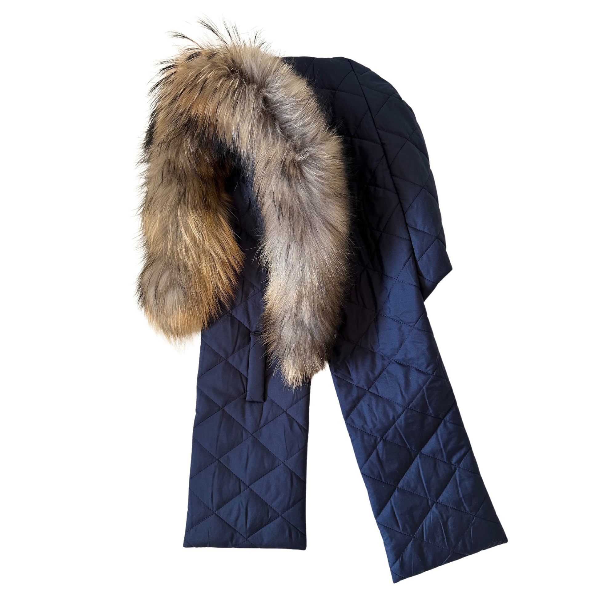 Navy Hood Scarf Puffer Warm Quilted Downy Waterproof Padded Insulated Headdress With Natural Fur Trim - My Love Cape