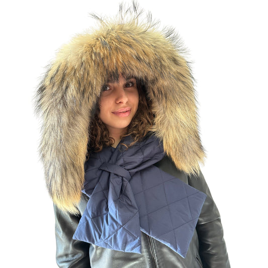 Navy Hood Scarf Puffer Warm Quilted Downy Waterproof Padded Insulated Headdress With Natural Fur Trim - My Love Cape