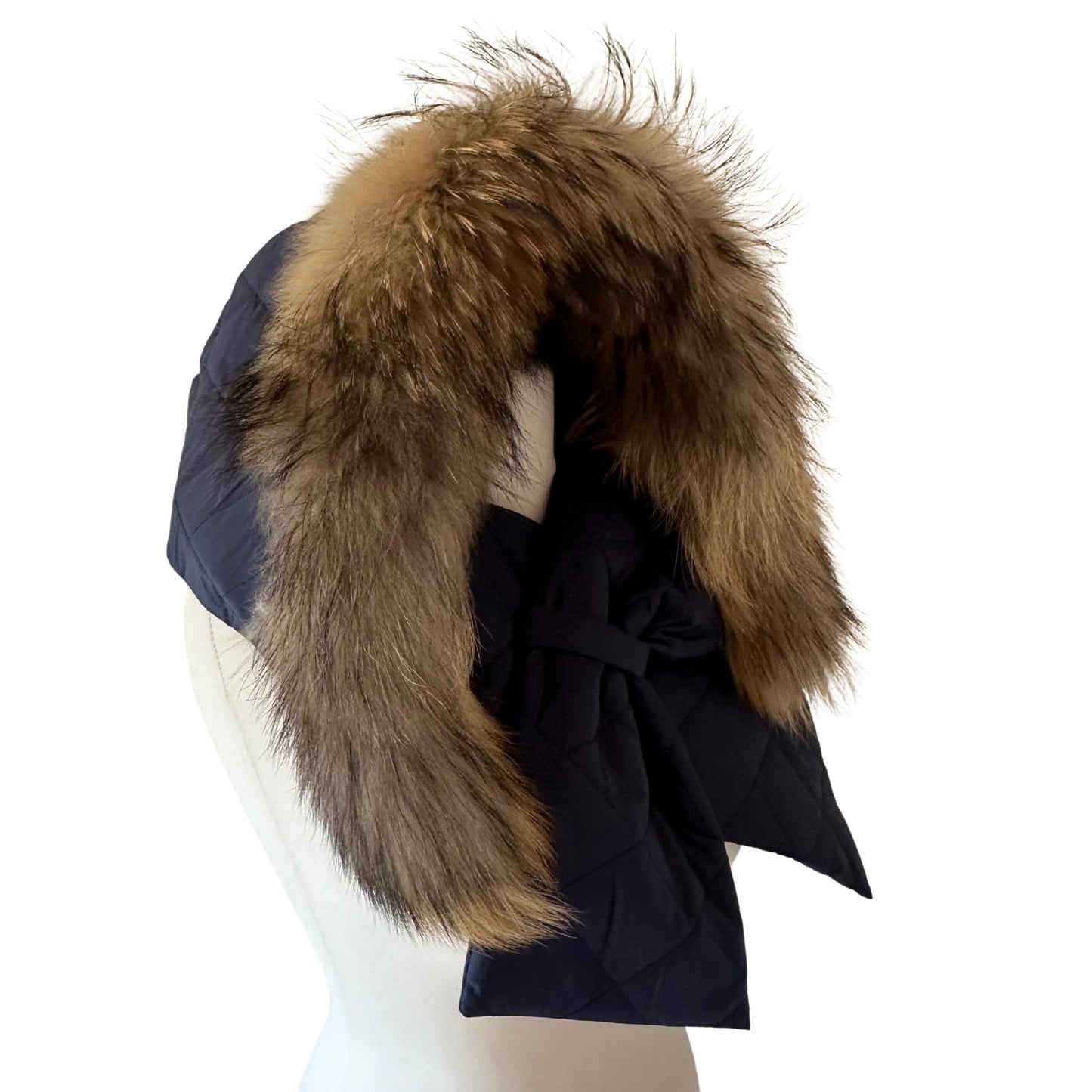 Navy Hood Scarf Puffer Warm Quilted Downy Waterproof Padded Insulated Headdress With Natural Fur Trim - My Love Cape