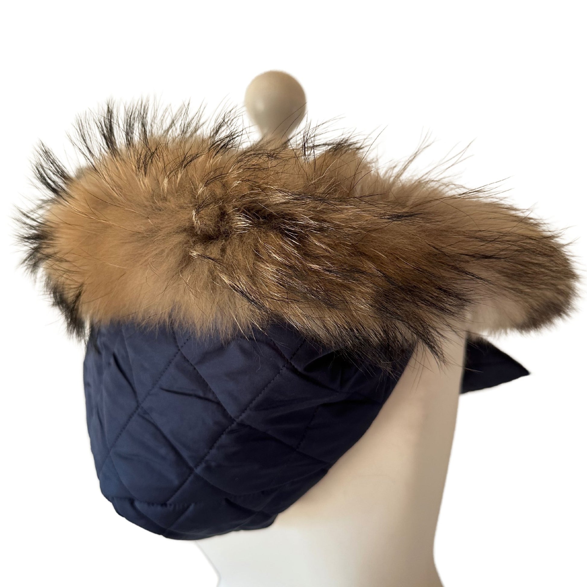 Navy Hood Scarf Puffer Warm Quilted Downy Waterproof Padded Insulated Headdress With Natural Fur Trim - My Love Cape