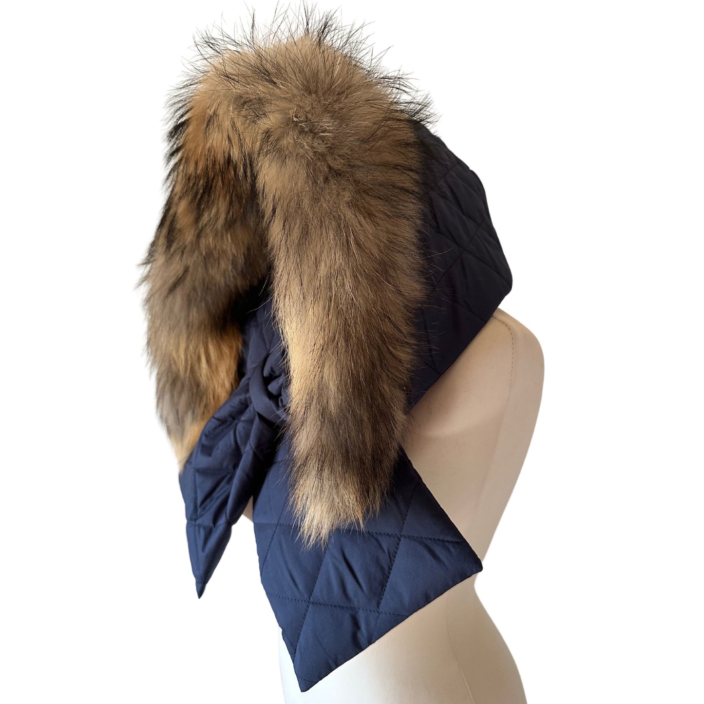 Navy Hood Scarf Puffer Warm Quilted Downy Waterproof Padded Insulated Headdress With Natural Fur Trim - My Love Cape