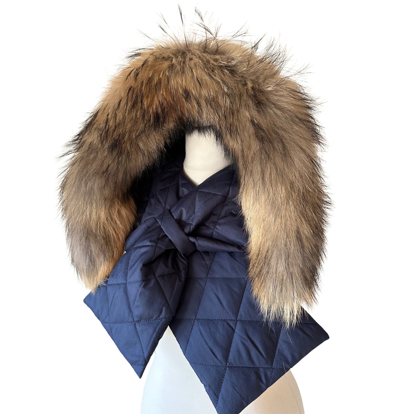 Navy Hood Scarf Puffer Warm Quilted Downy Waterproof Padded Insulated Headdress With Natural Fur Trim - My Love Cape