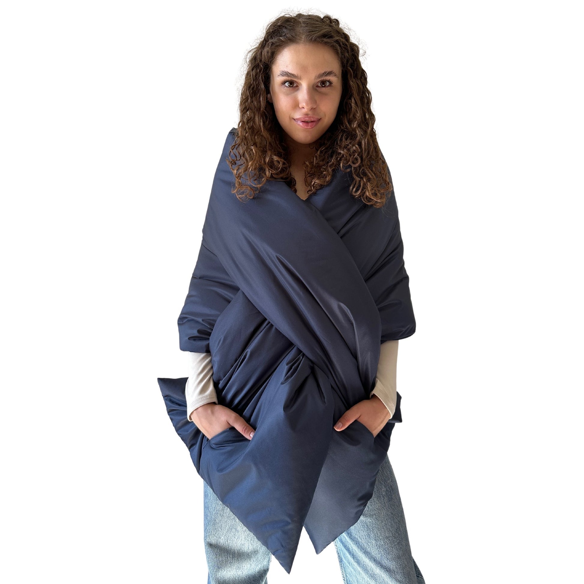 Navy Long Cape Lagre Wide Scarf Puffer 20x80 inch with 2 pocket and Belt - My Love Cape