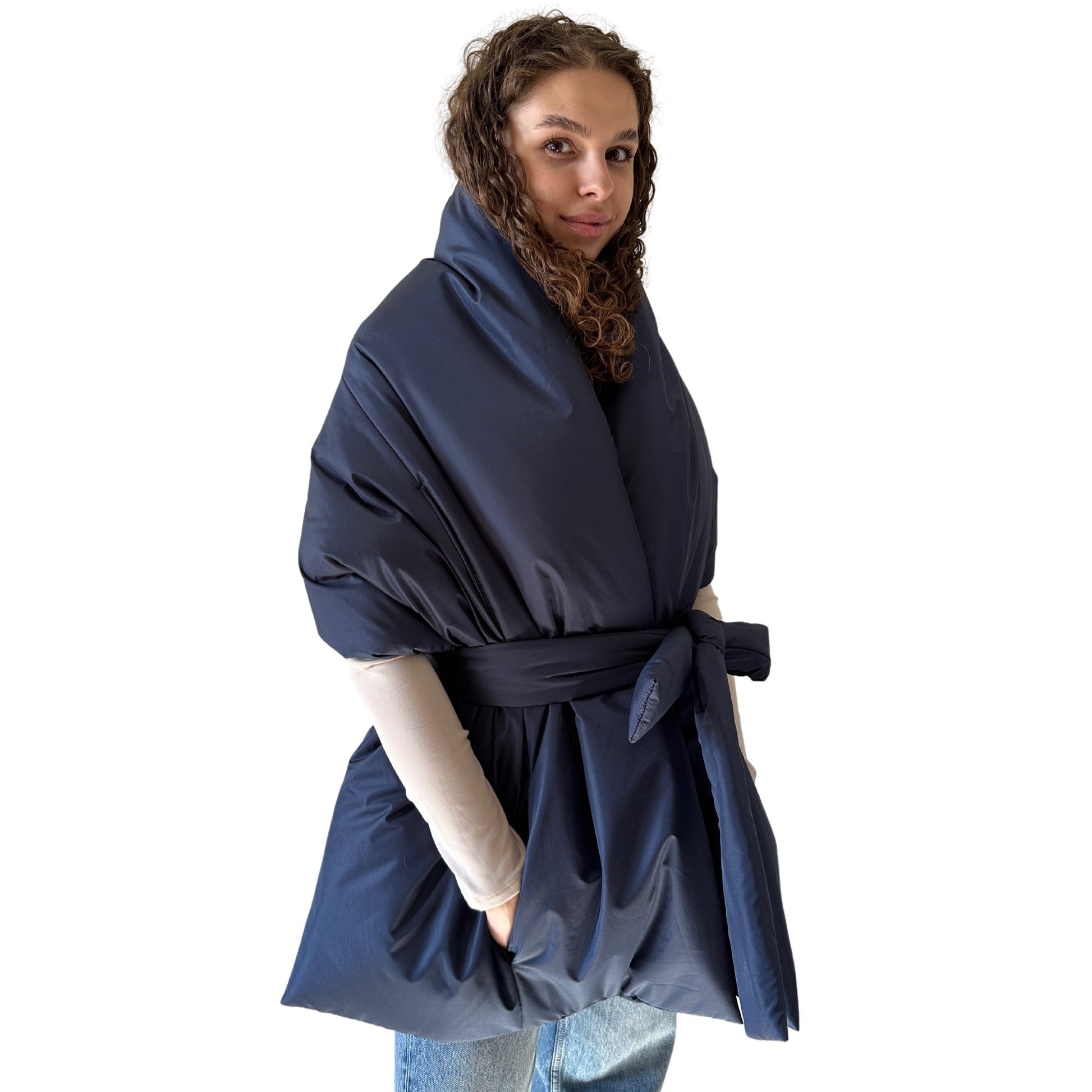 Navy Long Cape Lagre Wide Scarf Puffer 20x80 inch with 2 pocket and Belt - My Love Cape