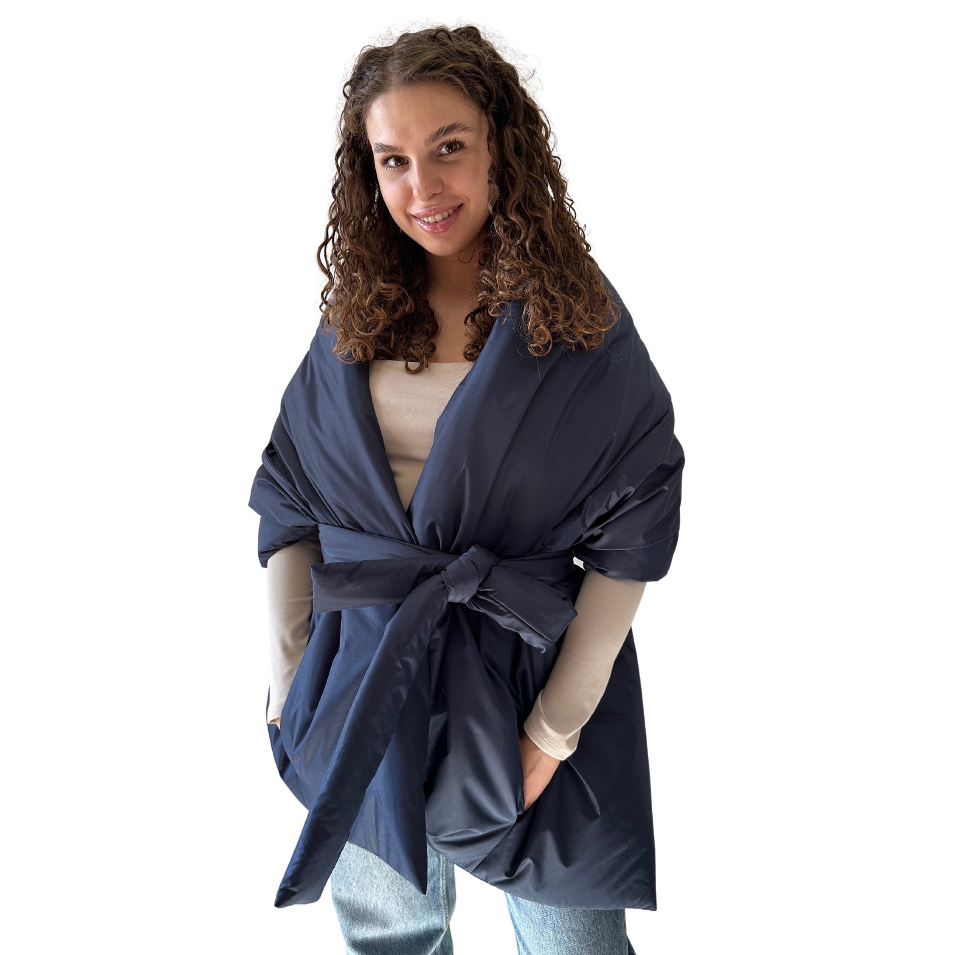 Navy Long Cape Lagre Wide Scarf Puffer 20x80 inch with 2 pocket and Belt - My Love Cape