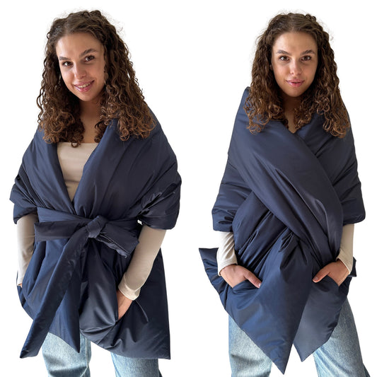 Navy Long Cape Lagre Wide Scarf Puffer 20x80 inch with 2 pocket and Belt - My Love Cape