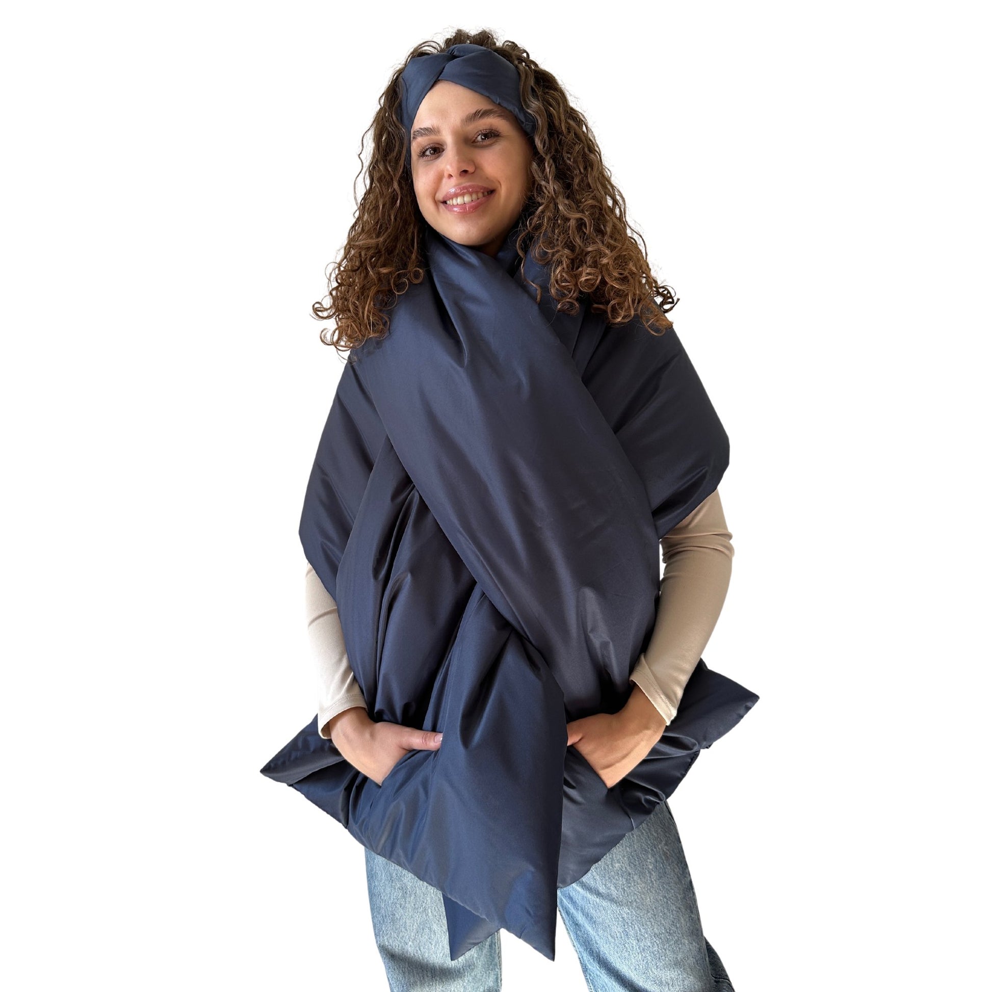 Navy Long Cape Lagre Wide Scarf Puffer 20x80 inch with 2 pocket and Belt - My Love Cape