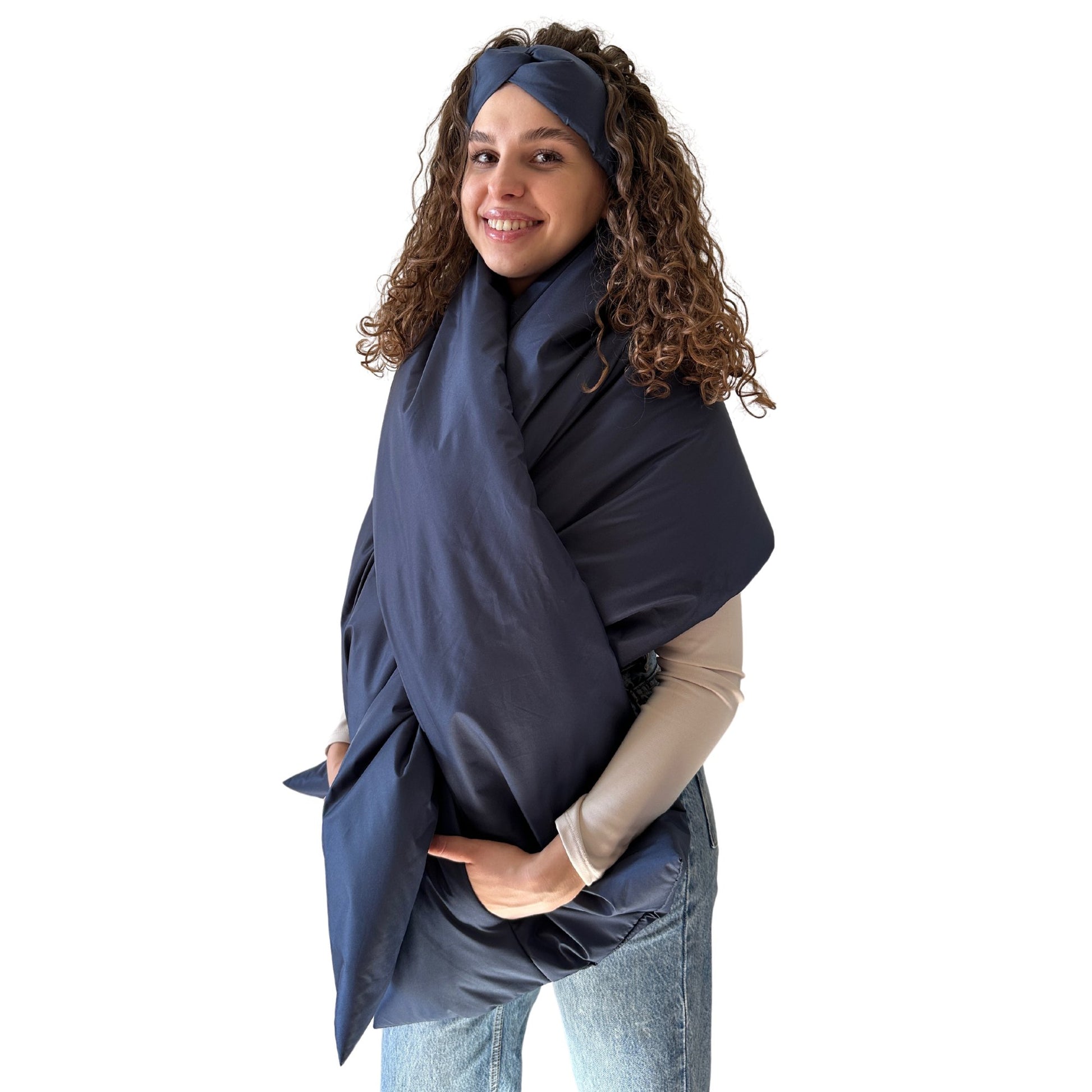 Navy Long Cape Lagre Wide Scarf Puffer 20x80 inch with 2 pocket and Belt - My Love Cape