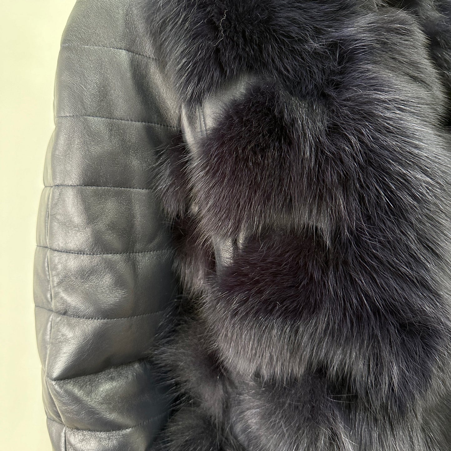 Navy Natural Leather and Fox Fur Coat – Diamond Pattern, Zipper, and Lined Design (S) - My Love Cape