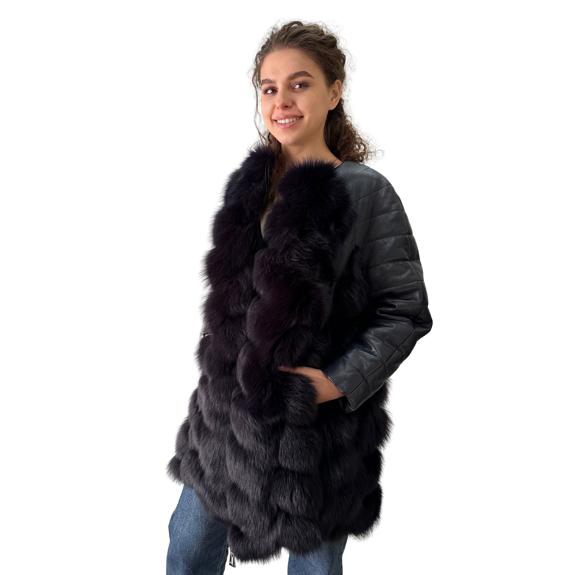 Navy Natural Leather and Fox Fur Coat – Diamond Pattern, Zipper, and Lined Design (S) - My Love Cape