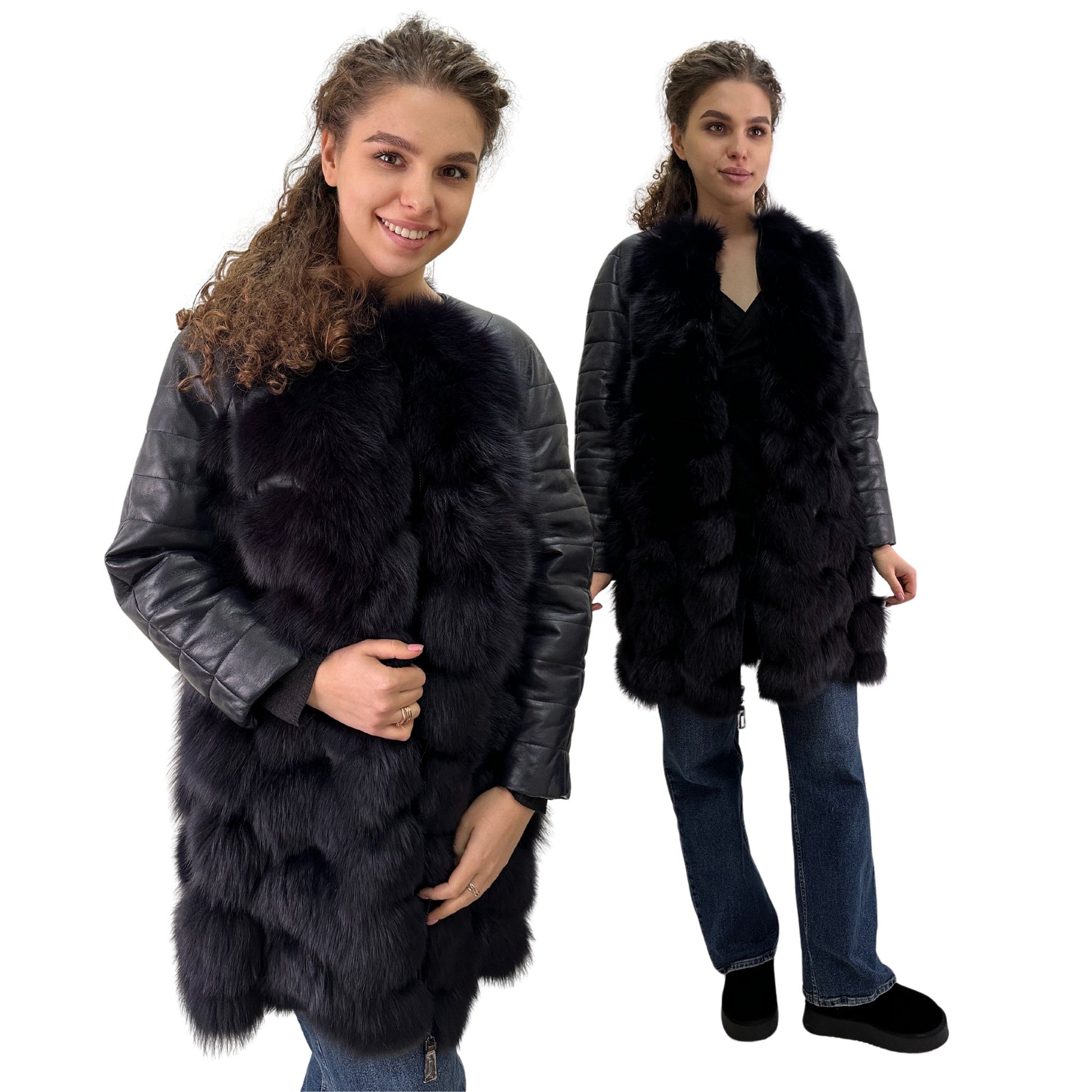 Navy Natural Leather and Fox Fur Coat – Diamond Pattern, Zipper, and Lined Design (S) - My Love Cape