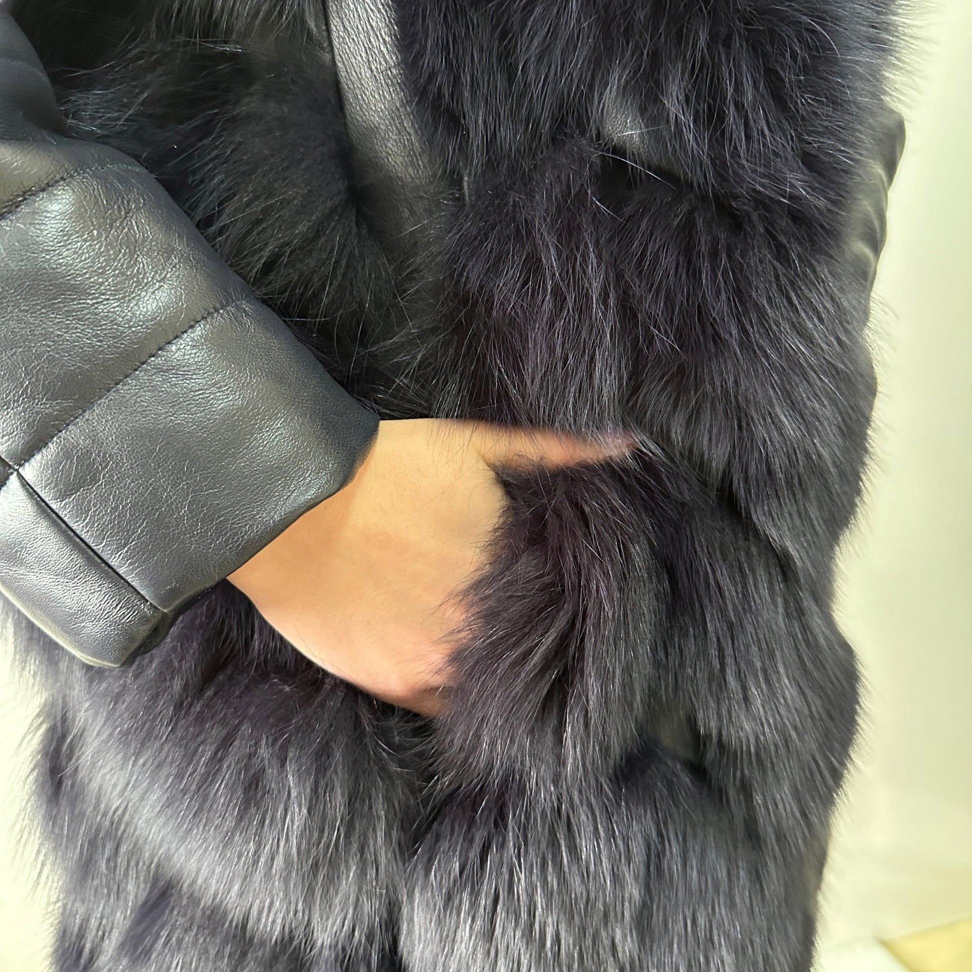 Navy Natural Leather and Fox Fur Coat – Diamond Pattern, Zipper, and Lined Design (S) - My Love Cape