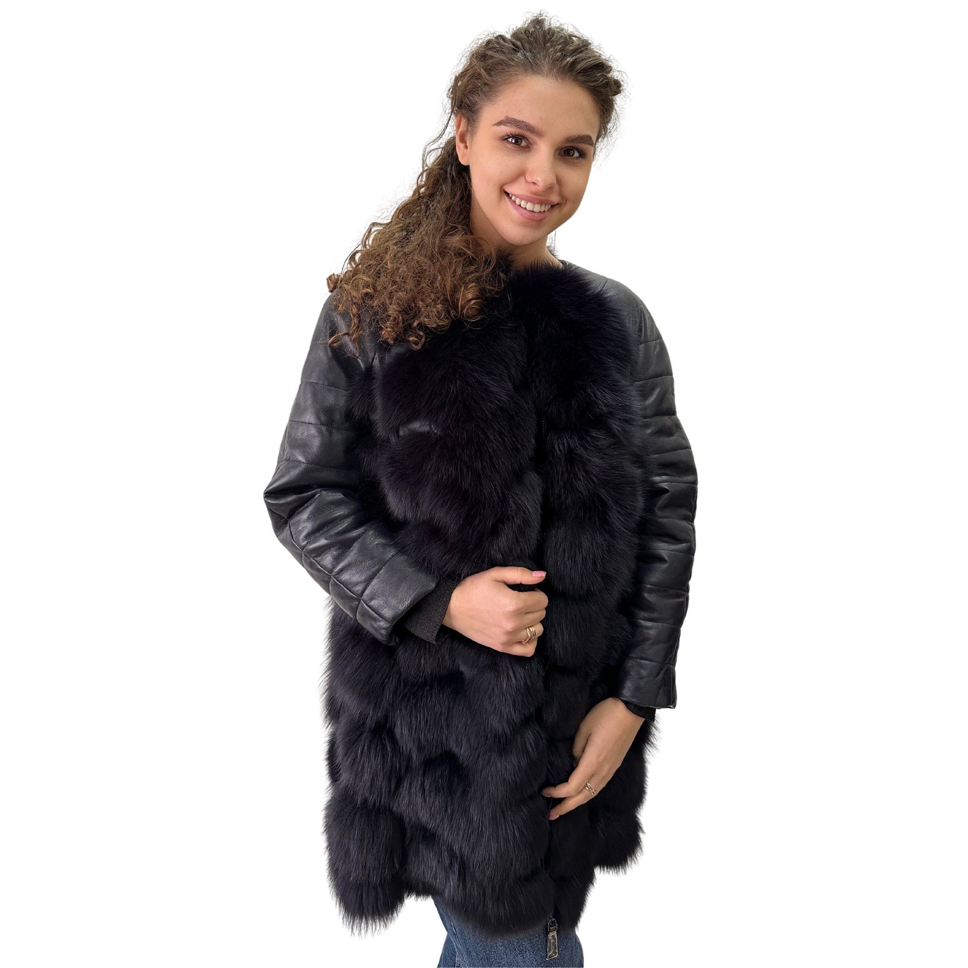 Navy Natural Leather and Fox Fur Coat – Diamond Pattern, Zipper, and Lined Design (S) - My Love Cape