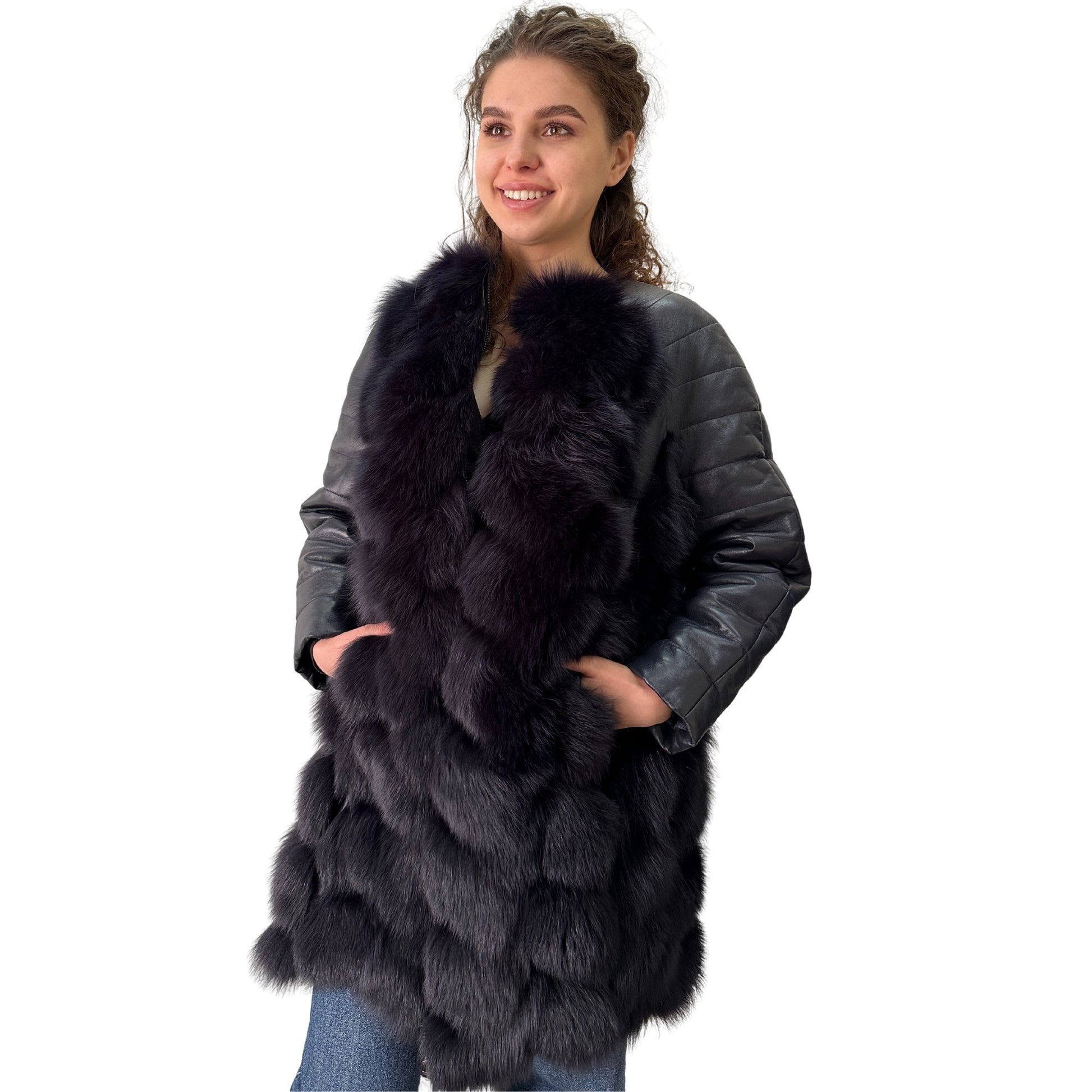 Navy Natural Leather and Fox Fur Coat – Diamond Pattern, Zipper, and Lined Design (S) - My Love Cape