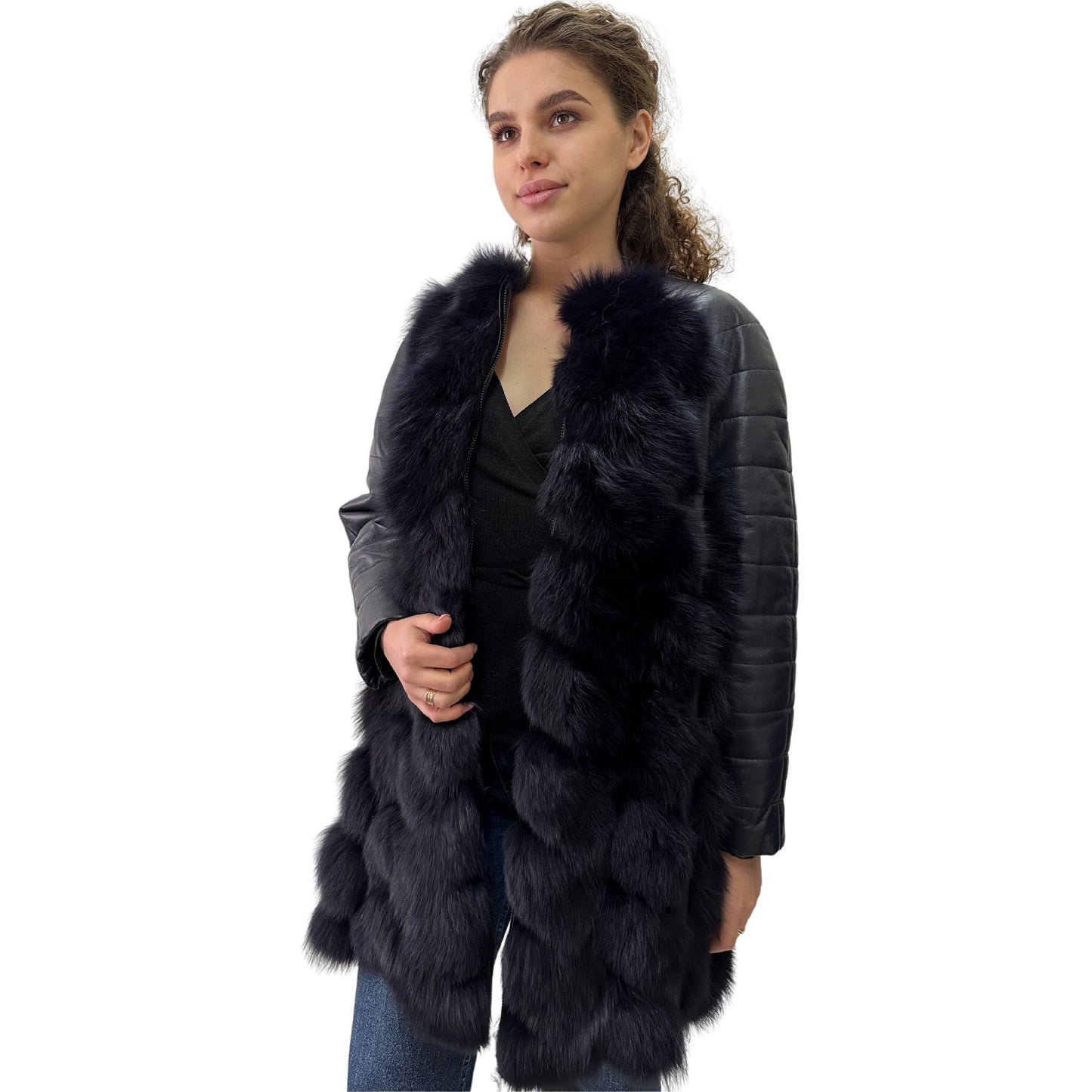 Navy Natural Leather and Fox Fur Coat – Diamond Pattern, Zipper, and Lined Design (S) - My Love Cape