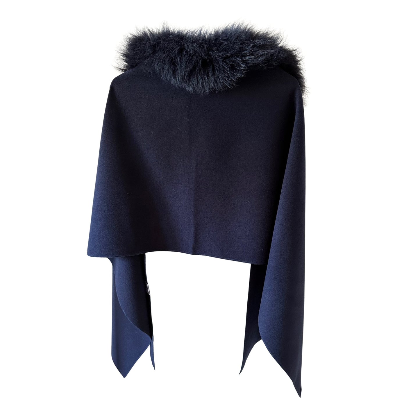 Navy Women Scarf Stole Cape Wrap Trim Fox Fur, Extra Large Shawl, Winter Gift, Dark Blue Woolen blend Cape Scarf - My Love Cape