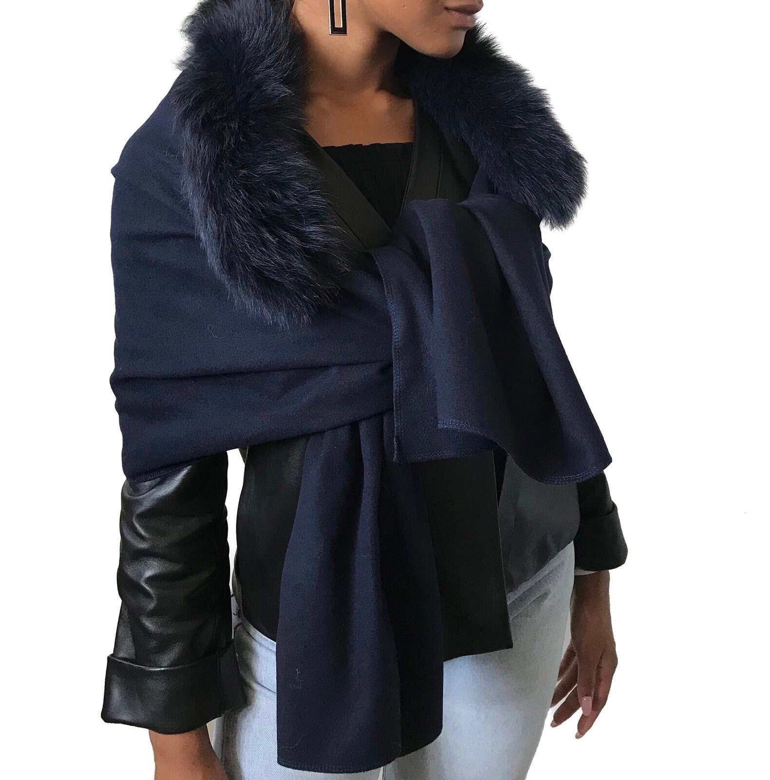 Navy Women Scarf Stole Cape Wrap Trim Fox Fur, Extra Large Shawl, Winter Gift, Dark Blue Woolen blend Cape Scarf - My Love Cape